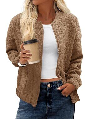 Women's Brown Jacquard Bomber Jacket Zip Up Lightweight Casual Fall Coat